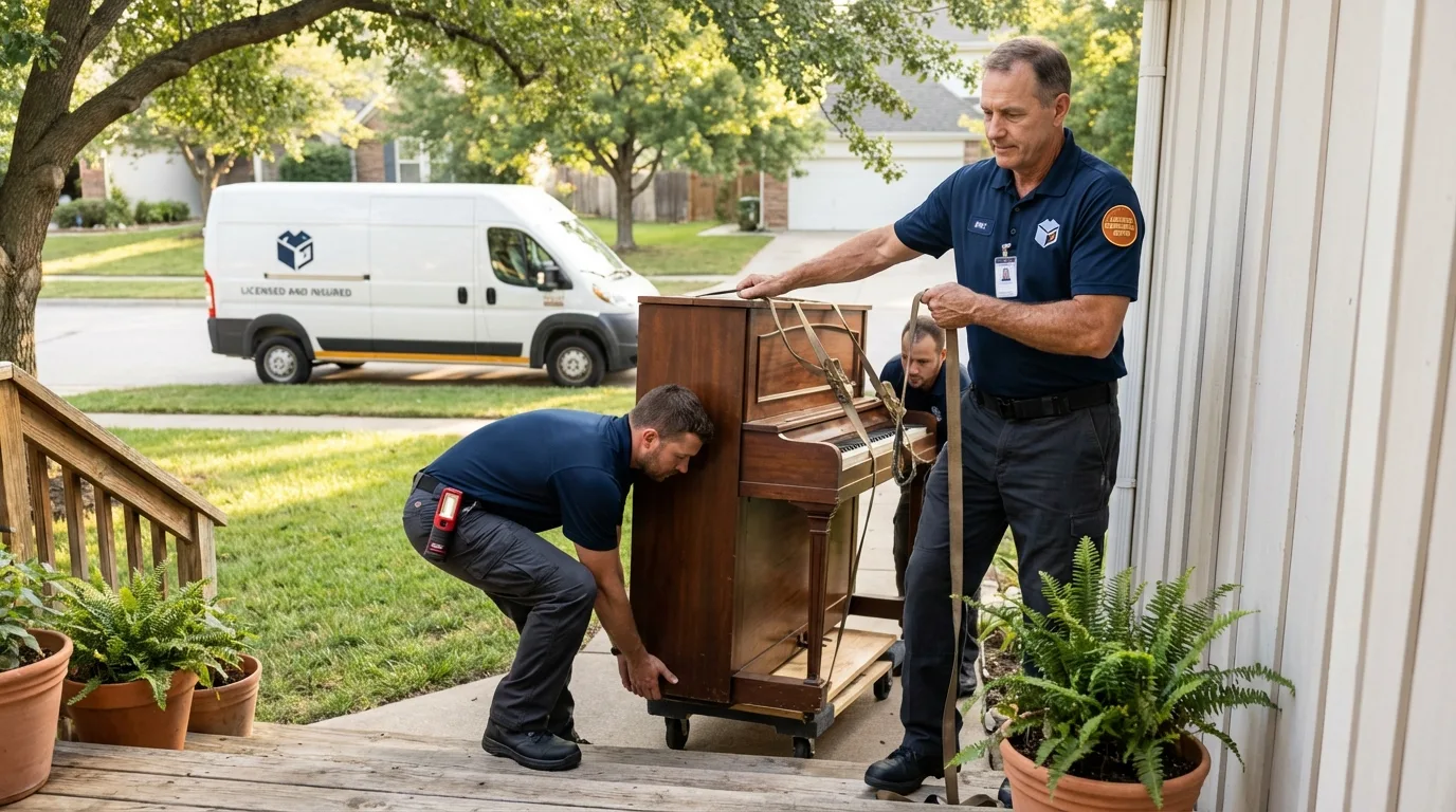 Licensed piano movers securing grand piano in Troy, NH