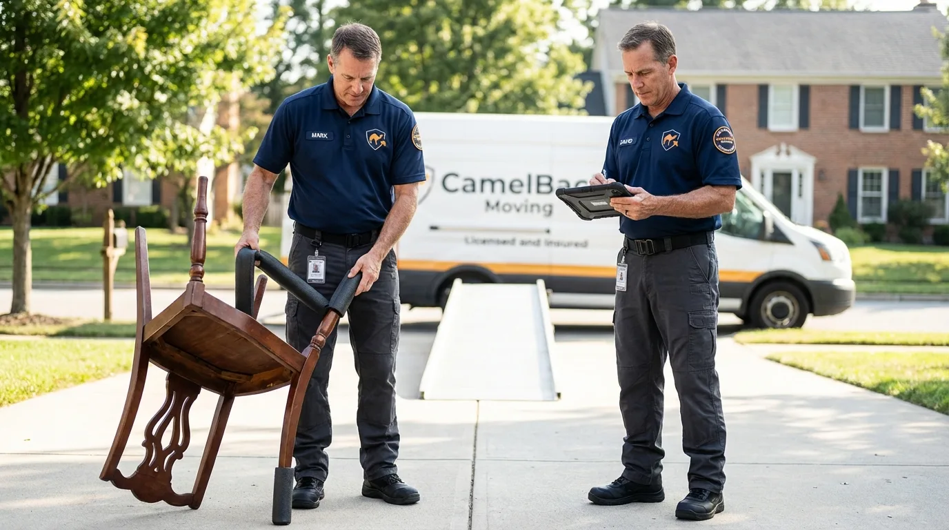 Movers inspecting furniture for damage prevention before loading in Troy, NH